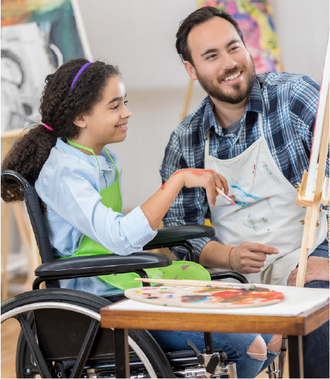 Child in a wheelchair alongside an adult painting.