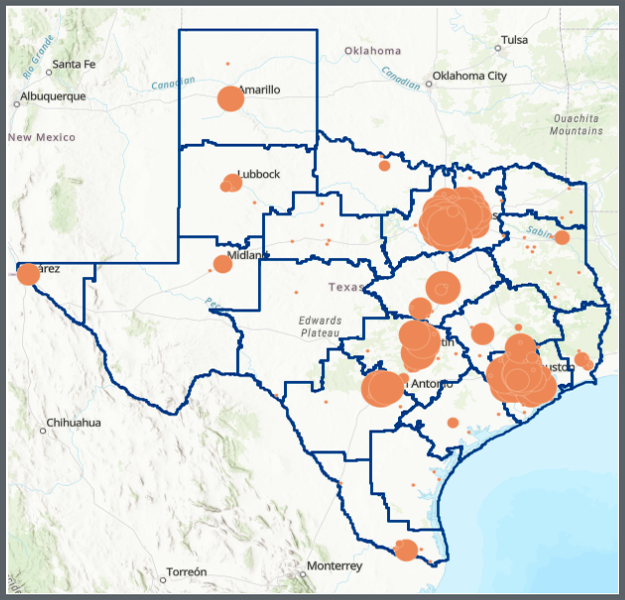 Texas Map with Language dots